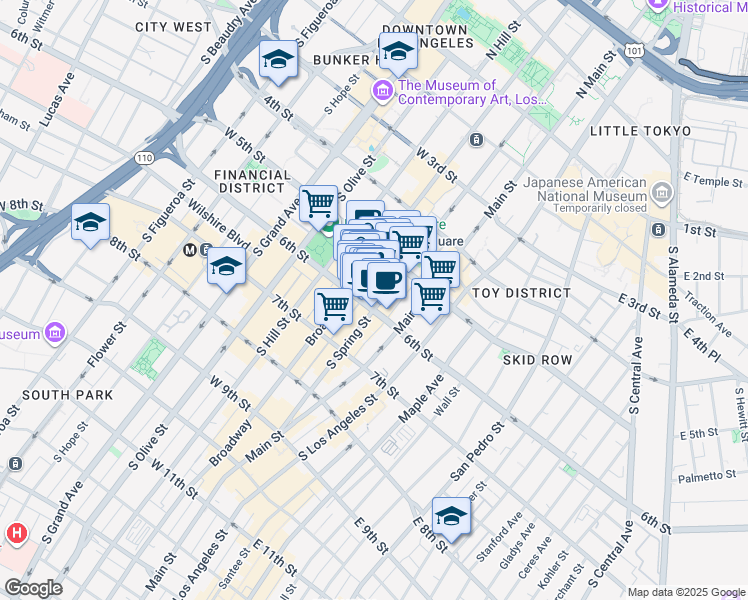 map of restaurants, bars, coffee shops, grocery stores, and more near 534 South Broadway in Los Angeles