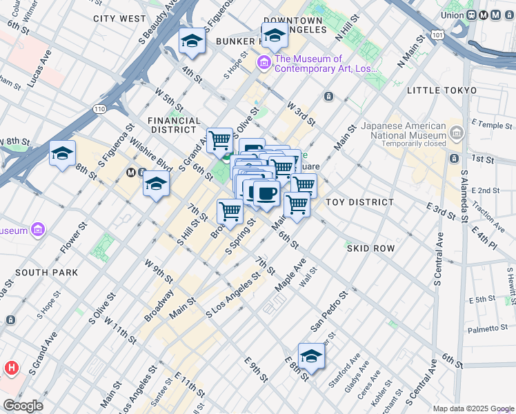 map of restaurants, bars, coffee shops, grocery stores, and more near 215 West 6th Street in Los Angeles