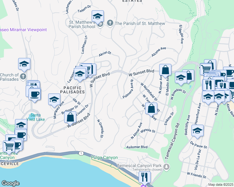 map of restaurants, bars, coffee shops, grocery stores, and more near 645 Bienveneda Avenue in Los Angeles