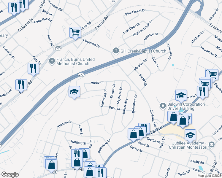 map of restaurants, bars, coffee shops, grocery stores, and more near 3730 Thurmond Street in Columbia