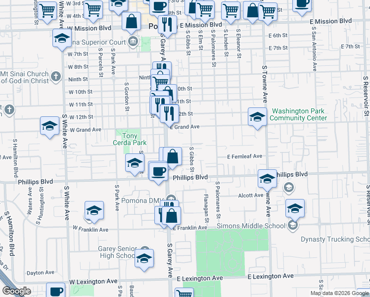 map of restaurants, bars, coffee shops, grocery stores, and more near 1379 South Gibbs Street in Pomona