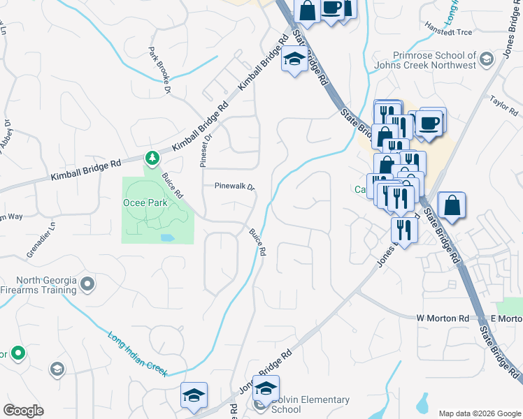 map of restaurants, bars, coffee shops, grocery stores, and more near 10965 Indian Village Drive in Alpharetta