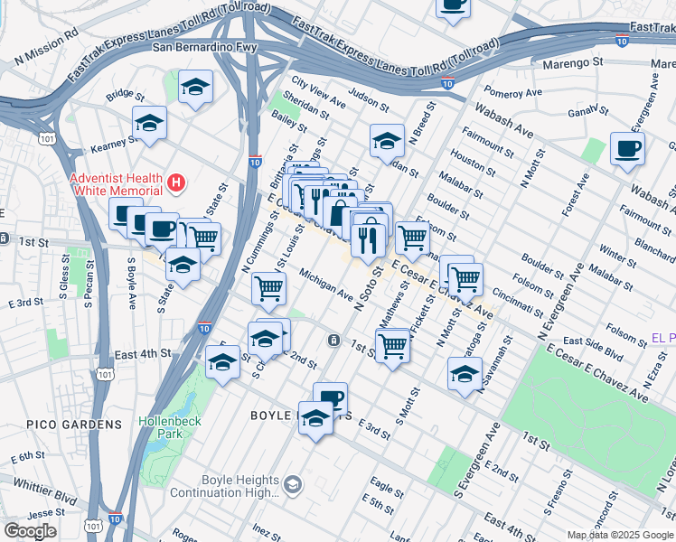 map of restaurants, bars, coffee shops, grocery stores, and more near 223 North Breed Street in Los Angeles