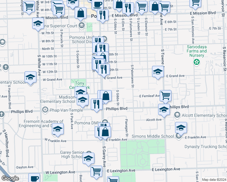 map of restaurants, bars, coffee shops, grocery stores, and more near 1379 South Gibbs Street in Pomona