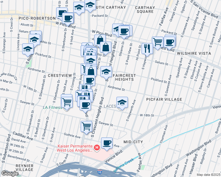map of restaurants, bars, coffee shops, grocery stores, and more near 1701 Stearns Drive in Los Angeles