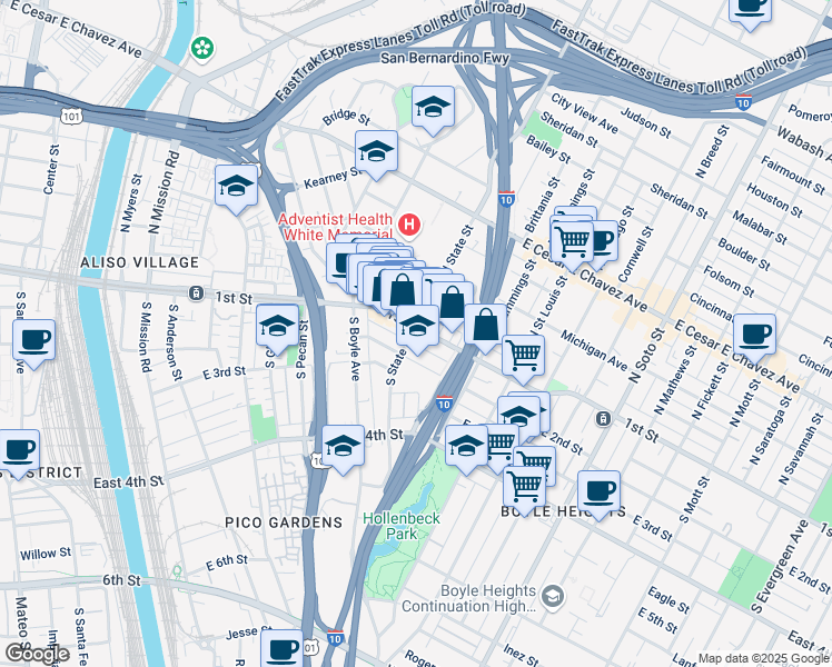 map of restaurants, bars, coffee shops, grocery stores, and more near 1853 East 1st Street in Los Angeles