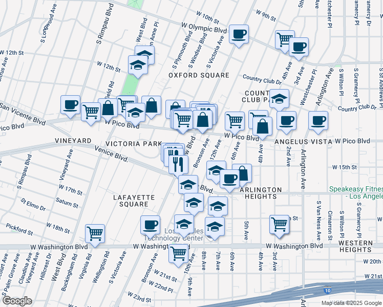 map of restaurants, bars, coffee shops, grocery stores, and more near 1406 Crenshaw Boulevard in Los Angeles