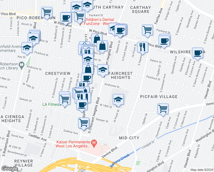 map of restaurants, bars, coffee shops, grocery stores, and more near 1701 Stearns Drive in Los Angeles