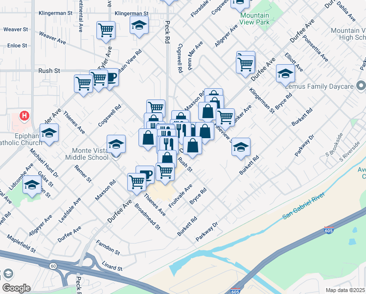 map of restaurants, bars, coffee shops, grocery stores, and more near 2027 Durfee Avenue in South El Monte