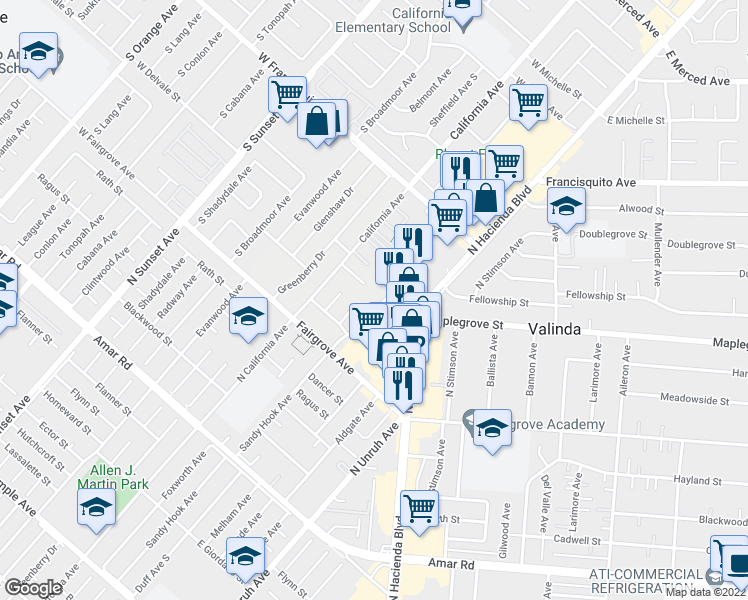 map of restaurants, bars, coffee shops, grocery stores, and more near 15335 Maplegrove Street in La Puente