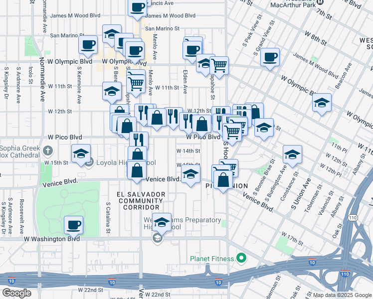 map of restaurants, bars, coffee shops, grocery stores, and more near 2308 West Pico Boulevard in Los Angeles