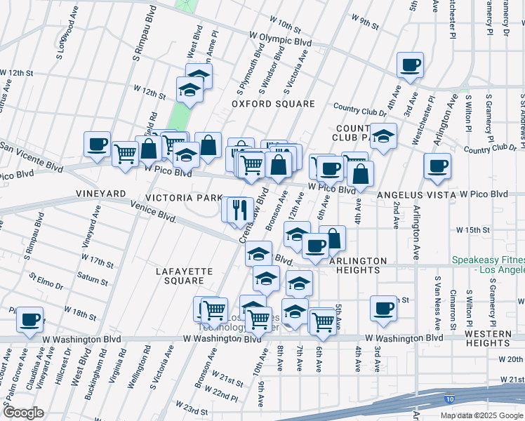 map of restaurants, bars, coffee shops, grocery stores, and more near 1329 Crenshaw Boulevard in Los Angeles