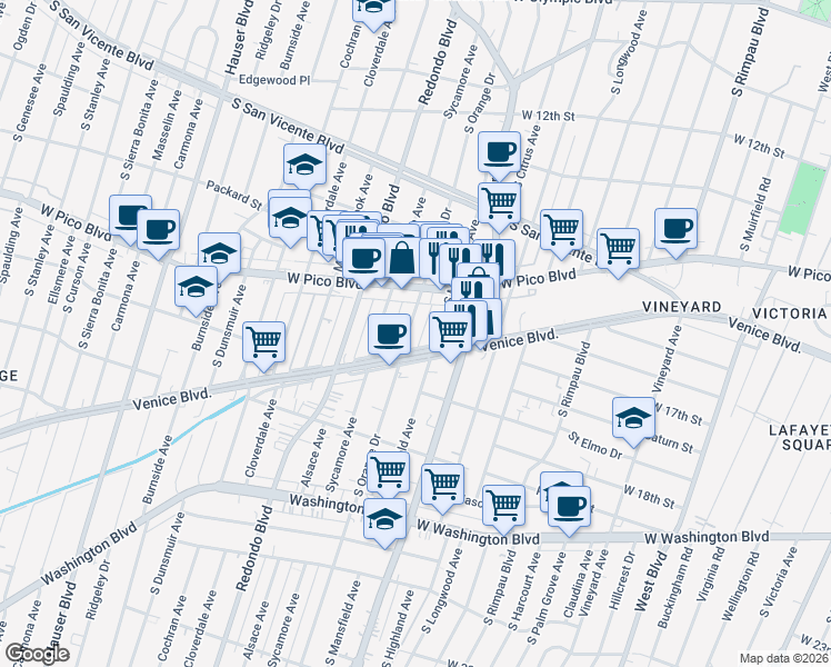 map of restaurants, bars, coffee shops, grocery stores, and more near 1506 South Orange Drive in Los Angeles