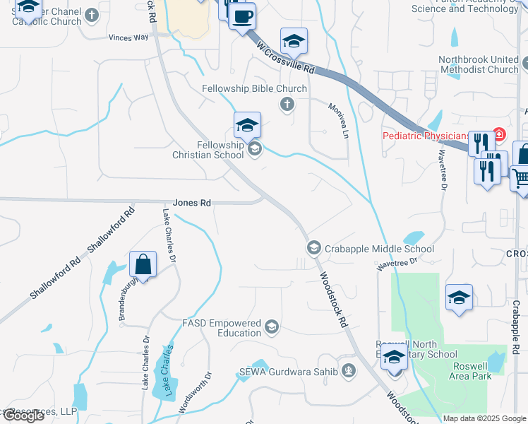 map of restaurants, bars, coffee shops, grocery stores, and more near 500 Jones Road in Roswell