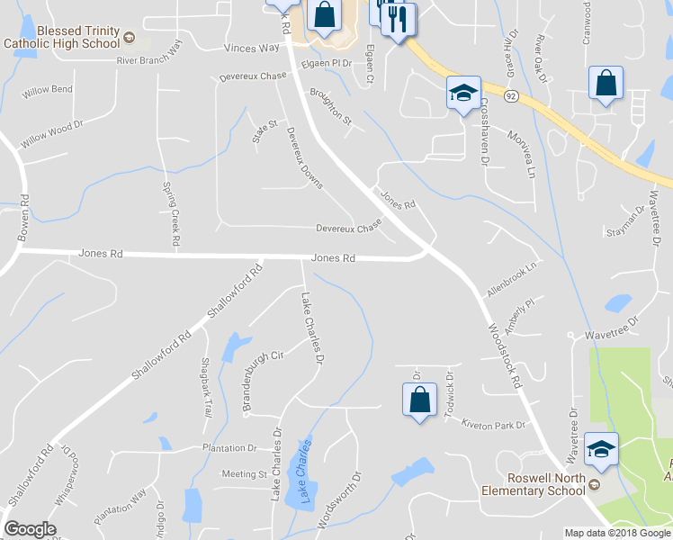 map of restaurants, bars, coffee shops, grocery stores, and more near 650 Jones Road in Roswell