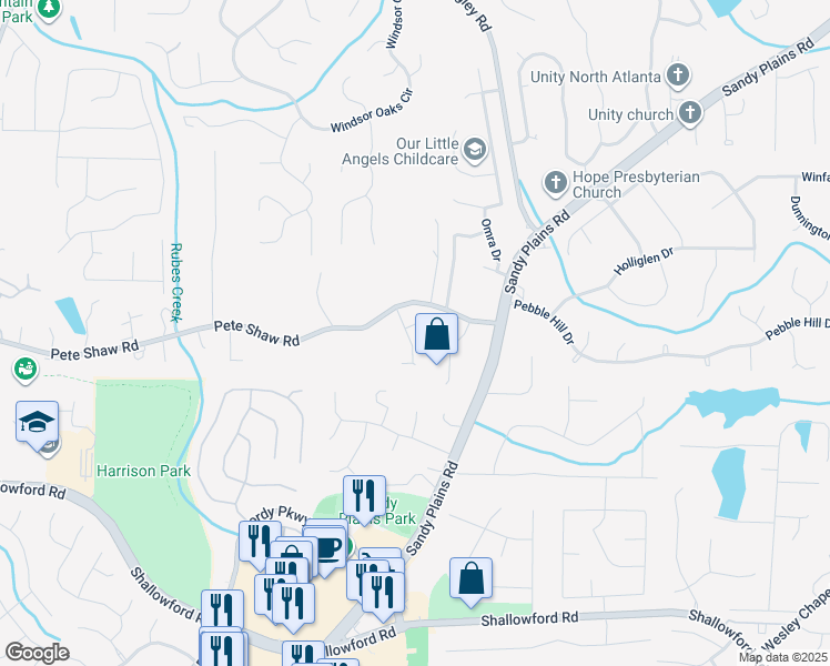 map of restaurants, bars, coffee shops, grocery stores, and more near 3130 Maley Court in Marietta