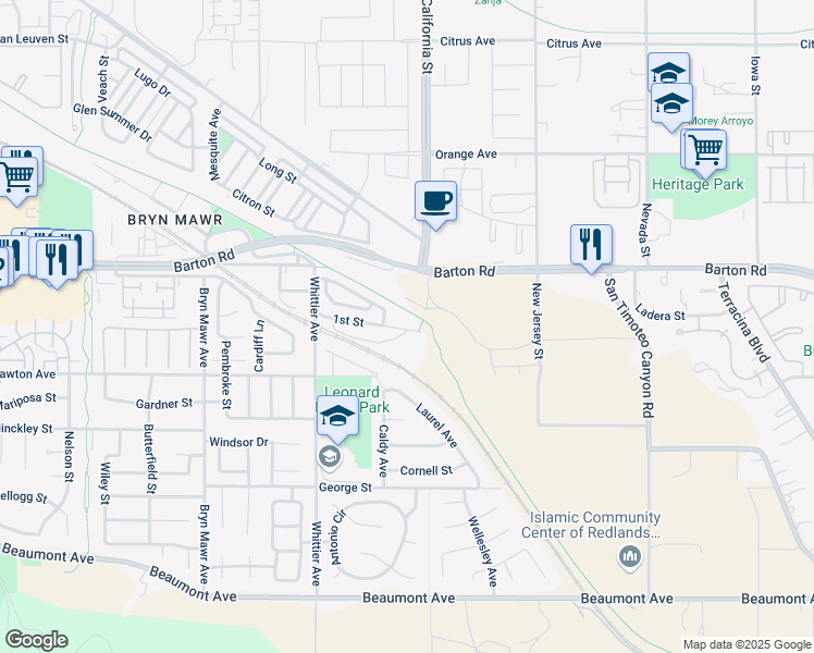 map of restaurants, bars, coffee shops, grocery stores, and more near 26470 1st Street in Loma Linda