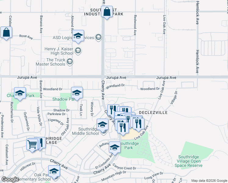 map of restaurants, bars, coffee shops, grocery stores, and more near 14515 Woodland Drive in Fontana