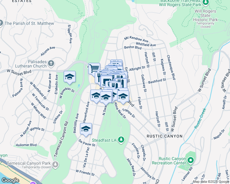 map of restaurants, bars, coffee shops, grocery stores, and more near 15280 Sunset Boulevard in Los Angeles