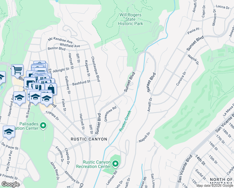 map of restaurants, bars, coffee shops, grocery stores, and more near 909 Rivas Canyon Road in Los Angeles