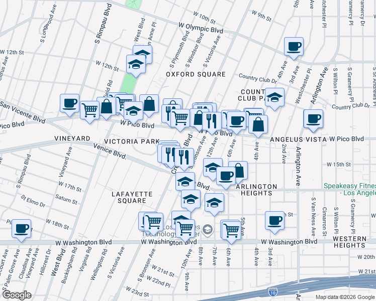 map of restaurants, bars, coffee shops, grocery stores, and more near 1406 Crenshaw Boulevard in Los Angeles