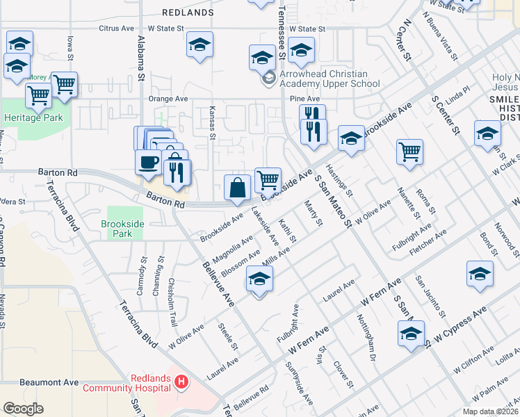 map of restaurants, bars, coffee shops, grocery stores, and more near 1275 Brookside Avenue in Redlands