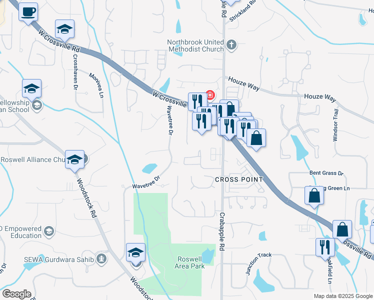 map of restaurants, bars, coffee shops, grocery stores, and more near 128 Great Oaks Lane in Roswell