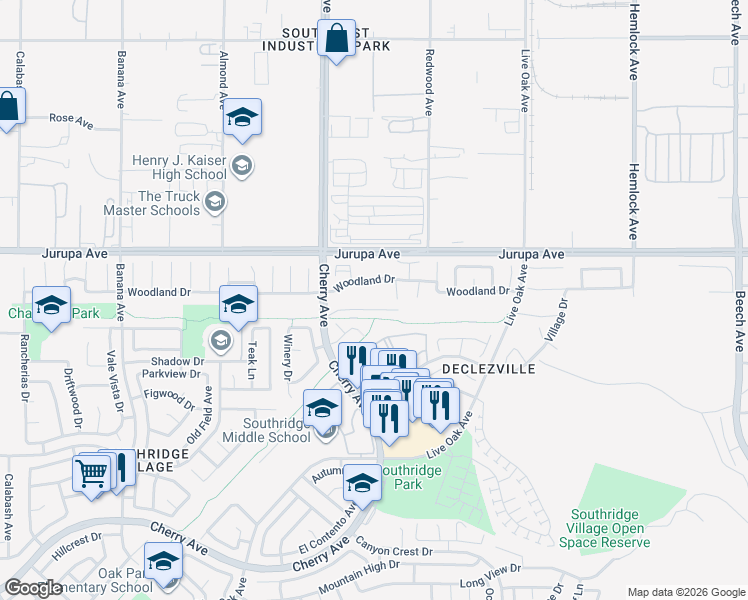 map of restaurants, bars, coffee shops, grocery stores, and more near 14605 Woodland Drive in Fontana