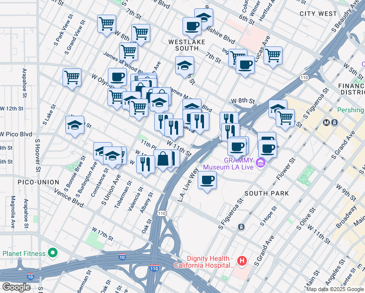 map of restaurants, bars, coffee shops, grocery stores, and more near 1025 Albany Street in Los Angeles