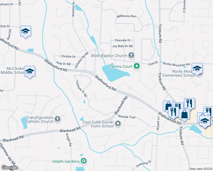 map of restaurants, bars, coffee shops, grocery stores, and more near 2045 Shallowford Road in Marietta