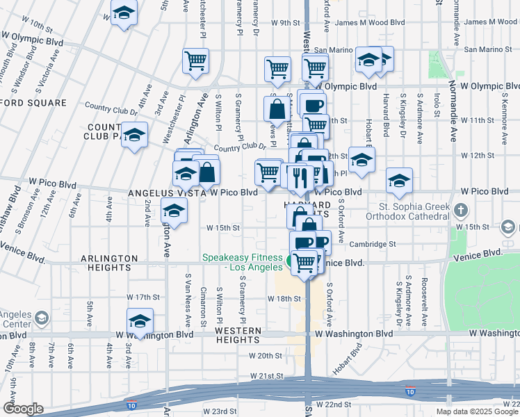 map of restaurants, bars, coffee shops, grocery stores, and more near 3210 West Pico Boulevard in Los Angeles