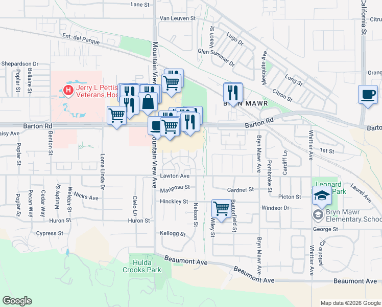 map of restaurants, bars, coffee shops, grocery stores, and more near 25822 Sunrise Way in Loma Linda