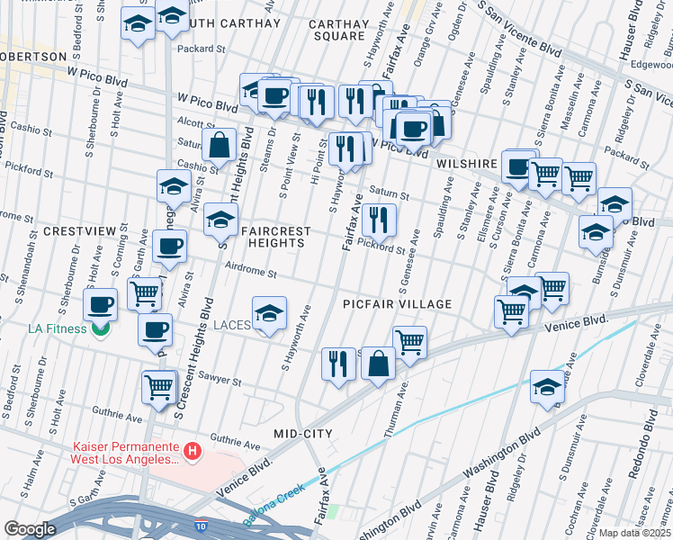 map of restaurants, bars, coffee shops, grocery stores, and more near 1643 South Fairfax Avenue in Los Angeles
