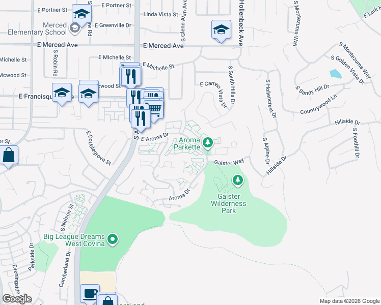 map of restaurants, bars, coffee shops, grocery stores, and more near 2044 Choctaw in West Covina