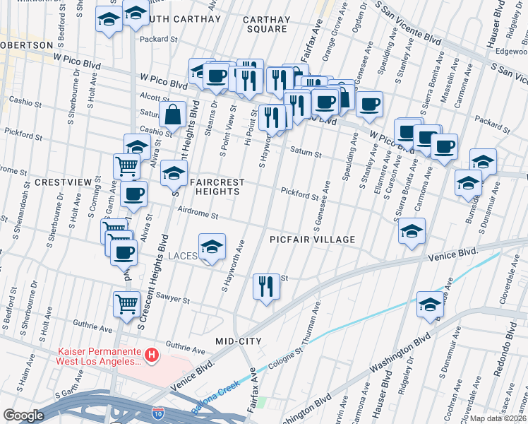 map of restaurants, bars, coffee shops, grocery stores, and more near 1643 South Fairfax Avenue in Los Angeles