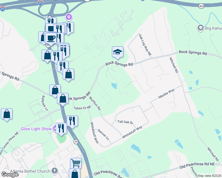 map of restaurants, bars, coffee shops, grocery stores, and more near 1375 Rock Springs Road in Buford