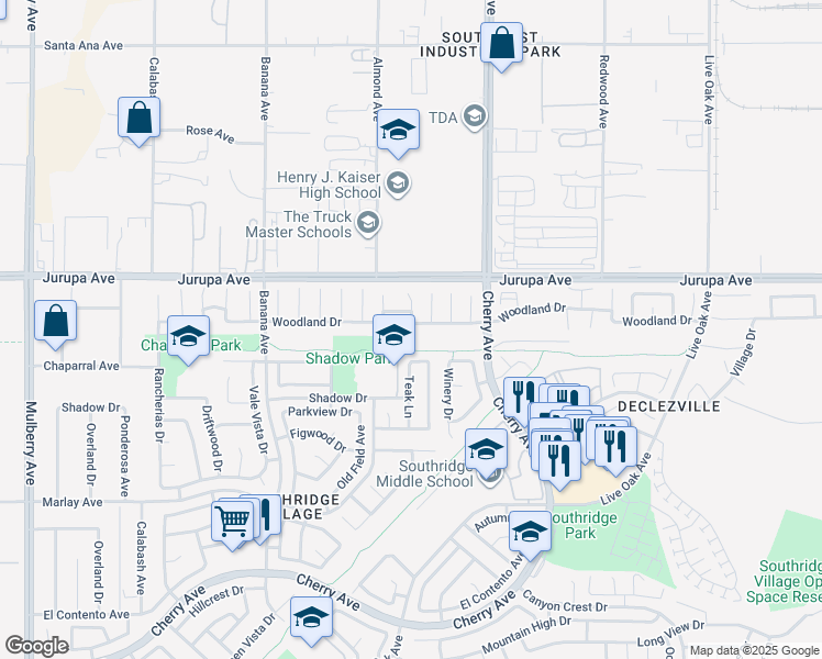 map of restaurants, bars, coffee shops, grocery stores, and more near 14367 Woodland Drive in Fontana