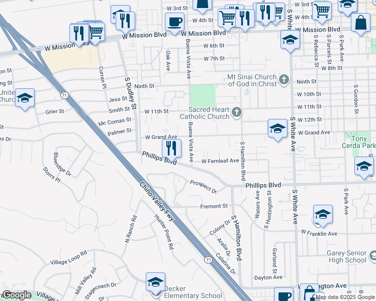 map of restaurants, bars, coffee shops, grocery stores, and more near 1363 Buena Vista Avenue in Pomona