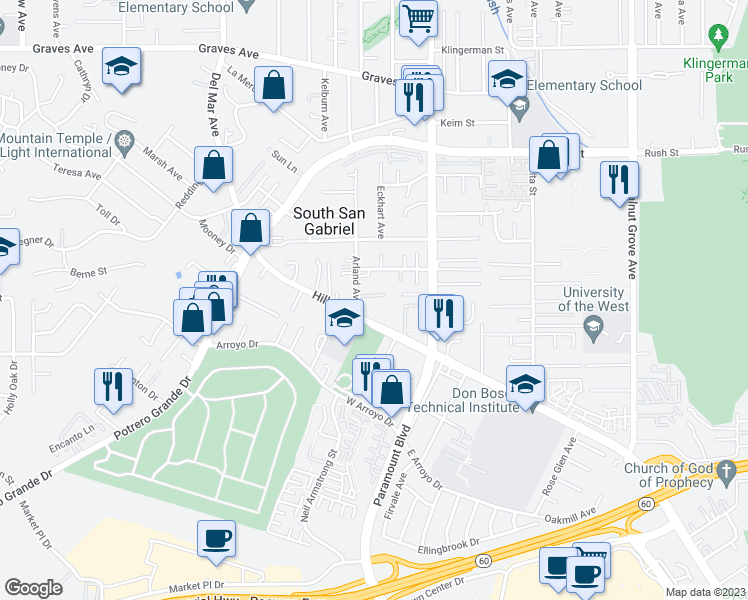 map of restaurants, bars, coffee shops, grocery stores, and more near 8020 Linwalt Street in Rosemead