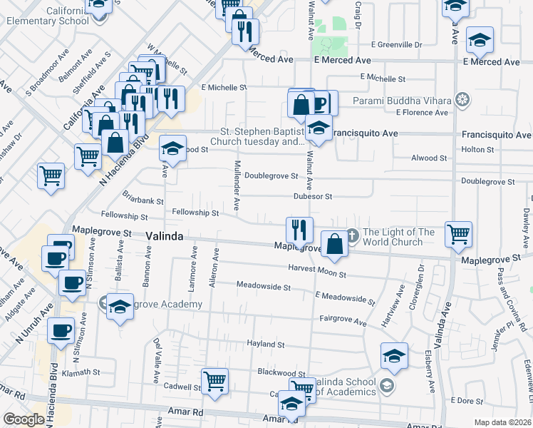 map of restaurants, bars, coffee shops, grocery stores, and more near 15909 Fellowship Street in La Puente