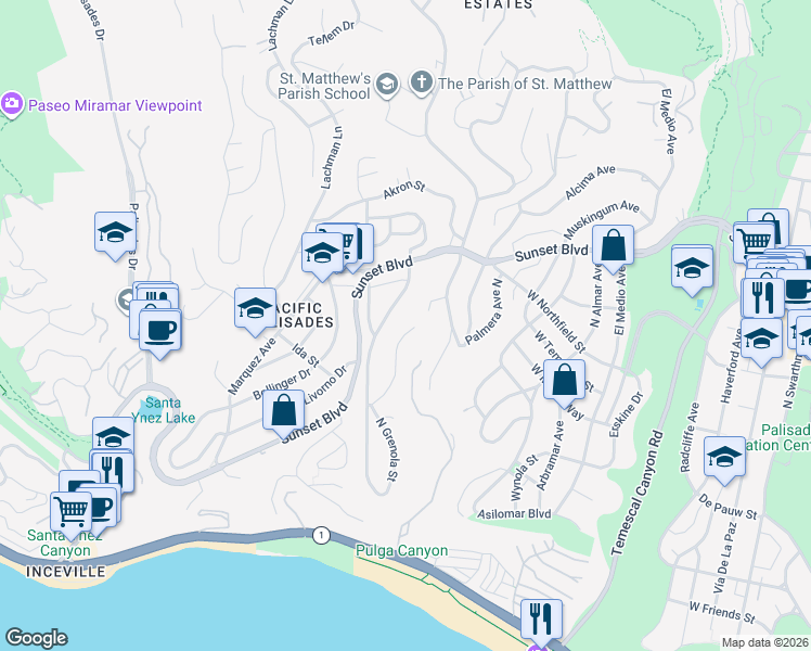 map of restaurants, bars, coffee shops, grocery stores, and more near 619 North Marquette Street in Los Angeles