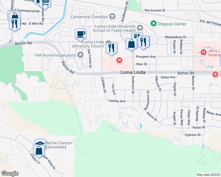map of restaurants, bars, coffee shops, grocery stores, and more near 11375 Iris Avenue in Loma Linda