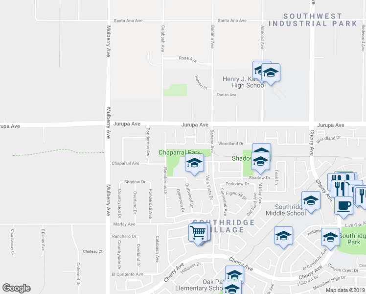 map of restaurants, bars, coffee shops, grocery stores, and more near 13910 Woodland Drive in Fontana