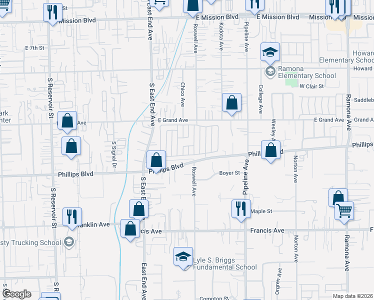 map of restaurants, bars, coffee shops, grocery stores, and more near 11417 Dartmouth Lane in Pomona