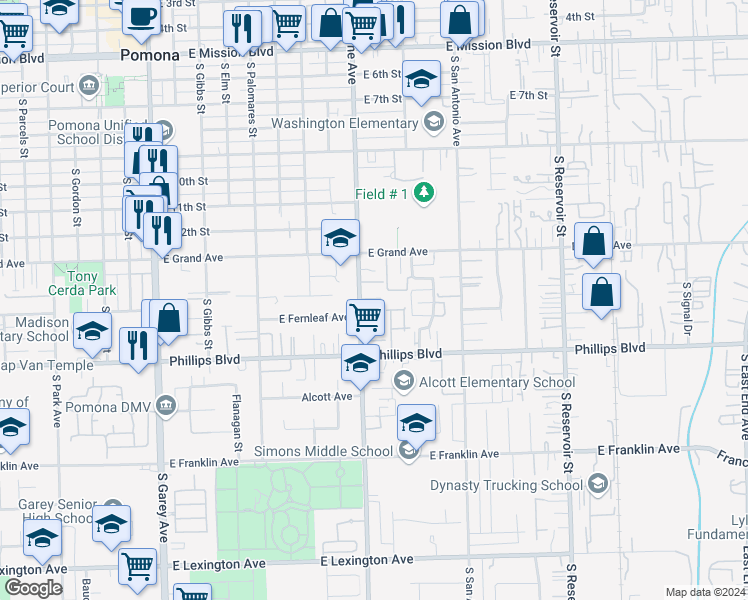 map of restaurants, bars, coffee shops, grocery stores, and more near 1350 South Towne Avenue in Pomona