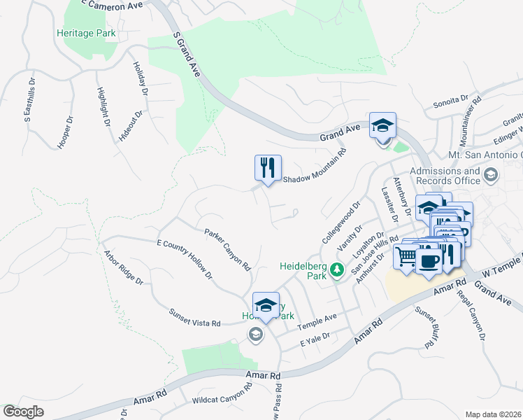 map of restaurants, bars, coffee shops, grocery stores, and more near 1686 Kingspoint Drive in Walnut