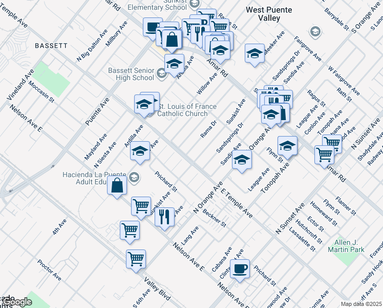 map of restaurants, bars, coffee shops, grocery stores, and more near 627 Rama Drive in La Puente