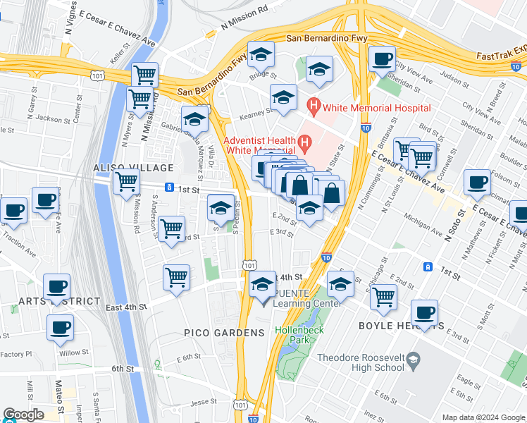 map of restaurants, bars, coffee shops, grocery stores, and more near 1800 East 1st Street in Los Angeles
