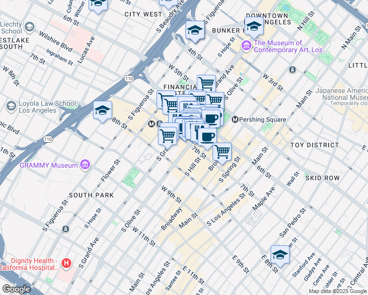 map of restaurants, bars, coffee shops, grocery stores, and more near 417 West 7th Street in Los Angeles