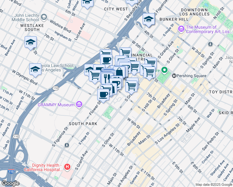 map of restaurants, bars, coffee shops, grocery stores, and more near 800 Flower Street in Los Angeles